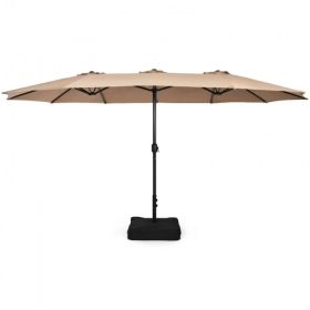 Outdoor Garden Market Double-Sided Twin Patio 15 Feet Umbrella with Crank And Base (Color: coffee, Type: Outdoor Umbrellas)