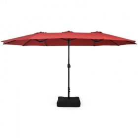 Outdoor Garden Market Double-Sided Twin Patio 15 Feet Umbrella with Crank And Base (Color: Wine, Type: Outdoor Umbrellas)